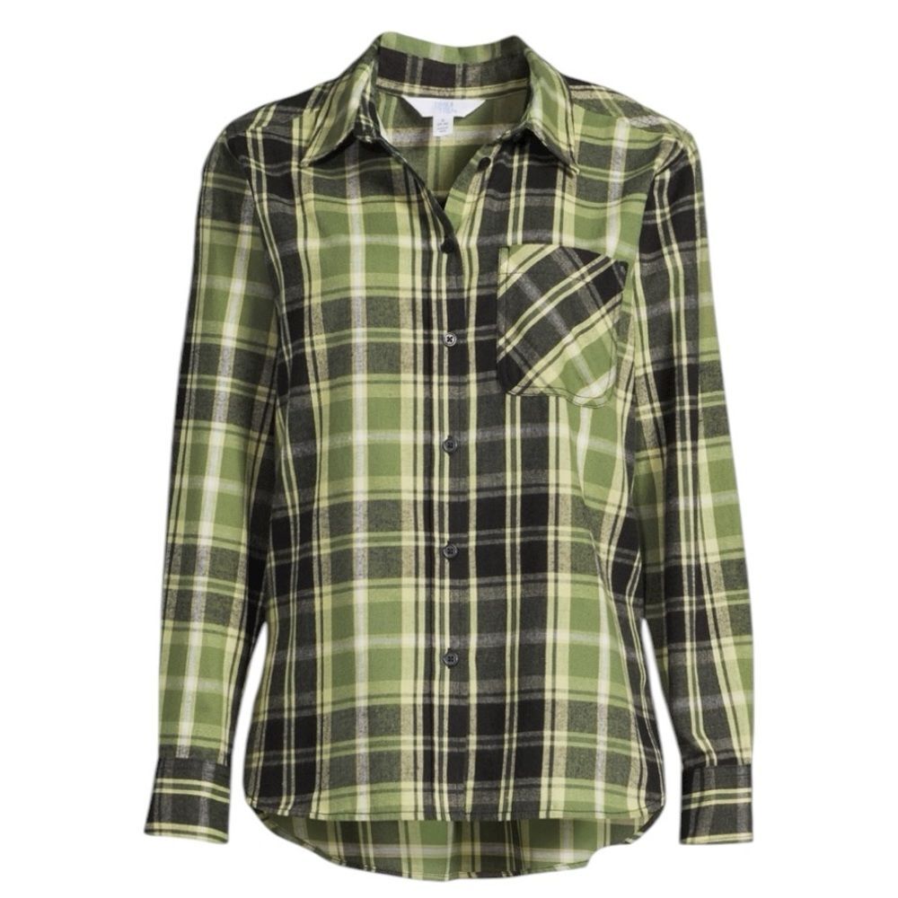 Time and Tru Green Plaid Flannel Button Down Shirt Sz L (12-14)